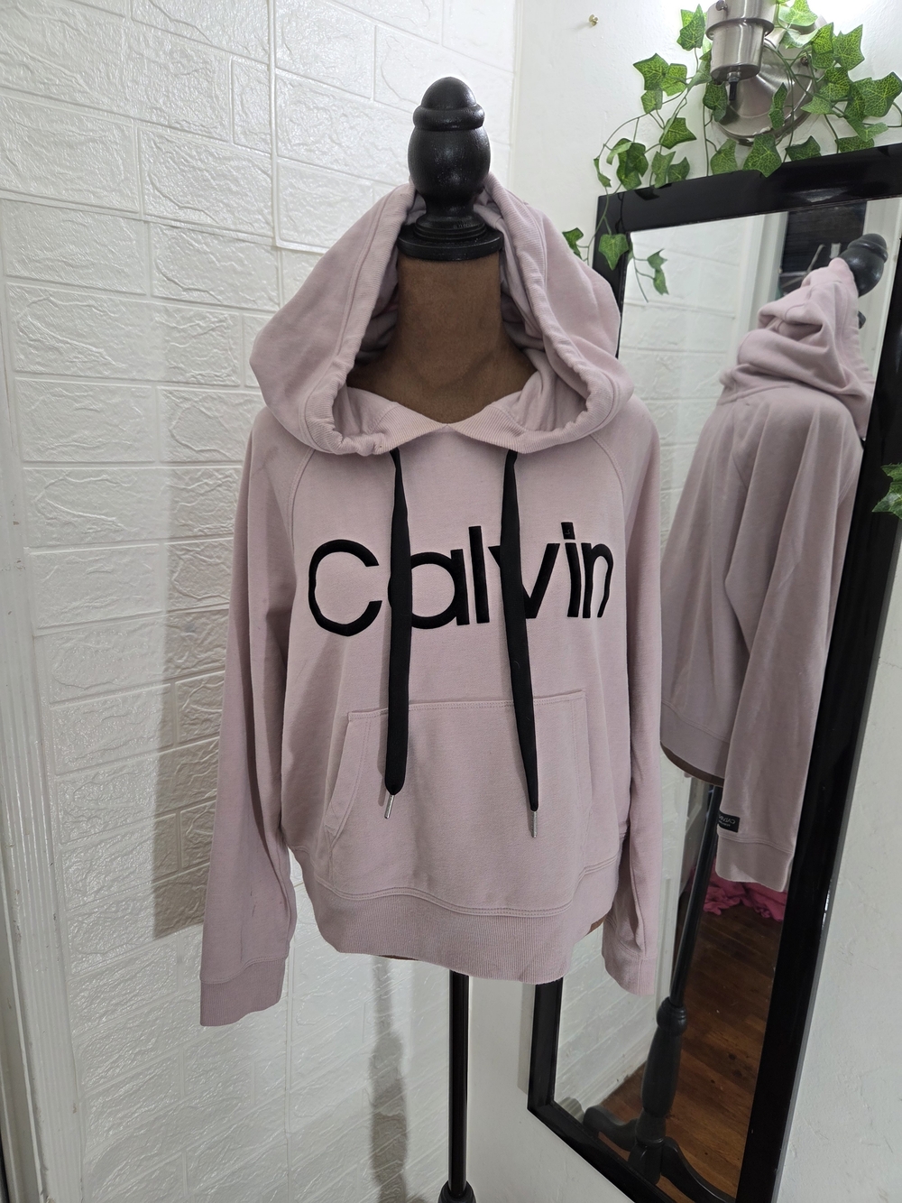 Calvin Klein Pale Pink Zip-Up Hoodie with Black Drawstrings